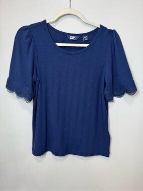 Lands’ End Blue Puff Sleeve Lace Trim Top Womens XS/ P Casual Blouse Tee
